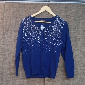 NWT Blue Embellished Women's Cardigan Sweater Cotton Blend